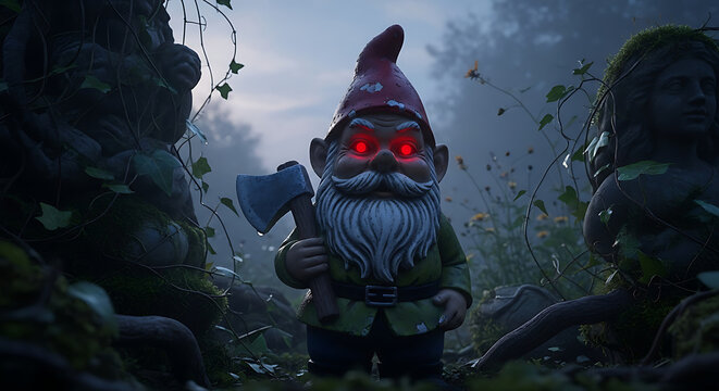 Charming unsettling gnome red eyes tiny axe foggy garden