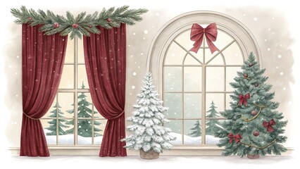 Cozy christmas scene with elegant red curtains and festive decorated trees by a large arched window