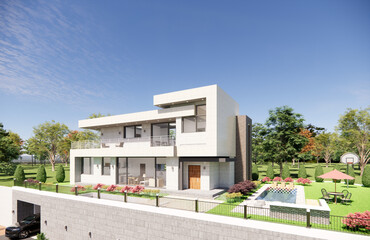 3D architectural rendering of a modern two-story house set within a spacious, landscaped park-like environment. The design features clean, geometric lines and a minimalist aesthetic