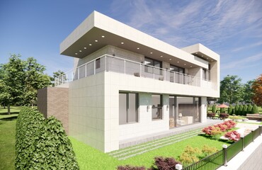 3D architectural rendering of a modern two-story house set within a spacious, landscaped park-like environment. The design features clean, geometric lines and a minimalist aesthetic