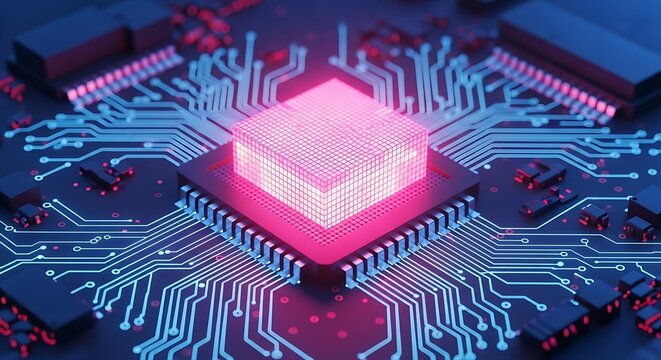A glowing pink central processing unit cpu on a motherboard, symbolizing advanced technology and computing power in a modern electronic device