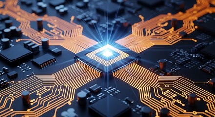 A closeup of a motherboard with a glowing blue central processing unit cpu, symbolizing advanced technology and computing power