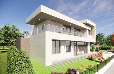 Fototapeta premium 3D architectural rendering of a modern two-story house set within a spacious, landscaped park-like environment. The design features clean, geometric lines and a minimalist aesthetic