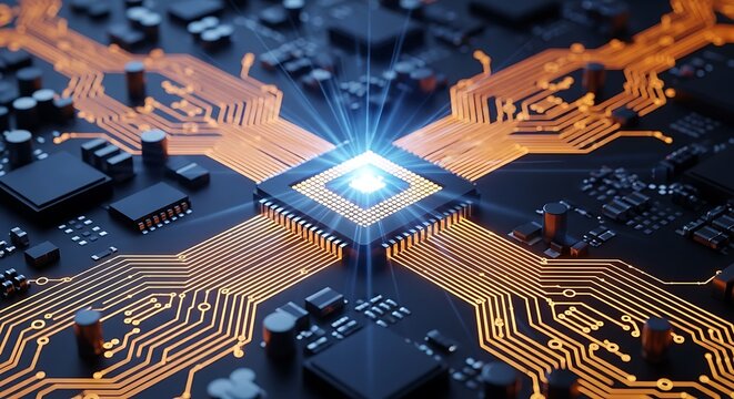 A closeup of a motherboard with a glowing blue central processing unit cpu, symbolizing advanced technology and computing power