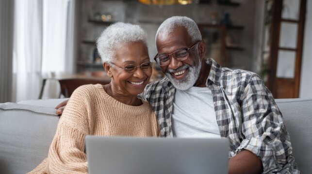 An elderly couple shares laughter and smiles while sitting closely together on a couch. They are engaged with a laptop, enjoying a warm moment in their comfortable living room.