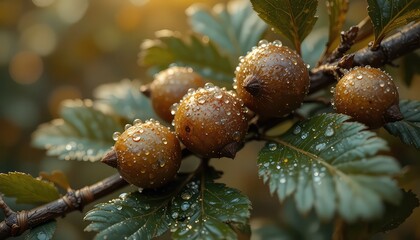 A close up of berries on a branch with water droplets glistening in the soft sunlight outdoors