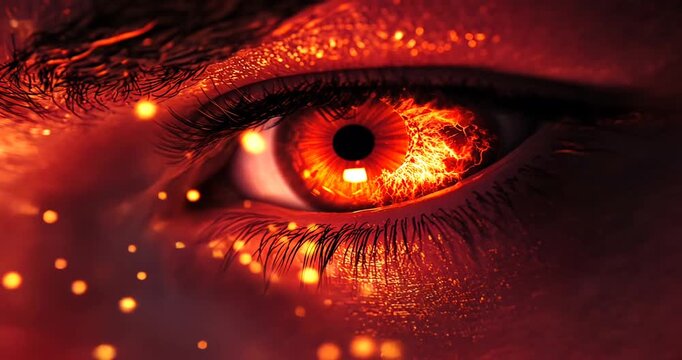 Close-up of a fiery orange eye with intense detail, surrounded by glowing sparks and an abstract background