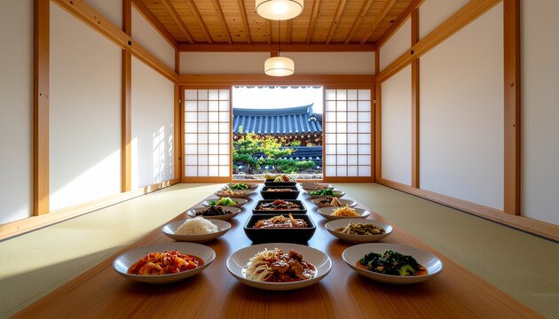 A long table laden with numerous traditional Korean dishes in a serene room with sliding doors opening to a temple courtyard.