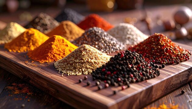 A close-up view of various colorful spices arranged in neat mounds on a wooden cutting board, ready for culinary use.