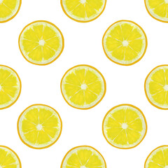 Fototapeta premium Seamless pattern with round slices of lemon on white background. Hand painted with acrylic paints.