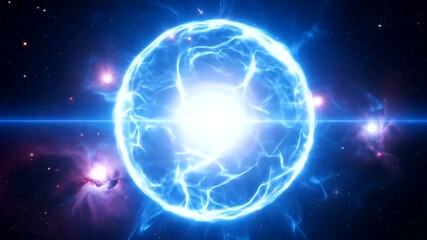 A vibrant blue energy sphere radiating light in a cosmic space filled with stars and nebulae