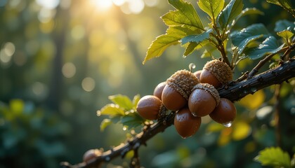 A close up shot of acorns growing on a branch with leaves in a forest during a sunny day outdoors