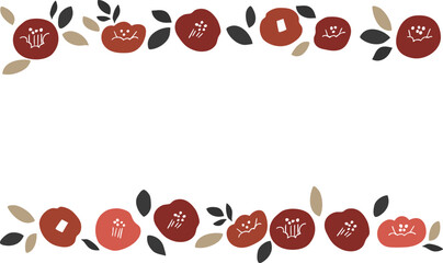 正月の椿イラストフレーム。年賀状用和風植物フレーム。椿と植物の北欧風。