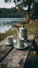 Vibrant photo of vintage tea set on a wooden table with a lake in the background