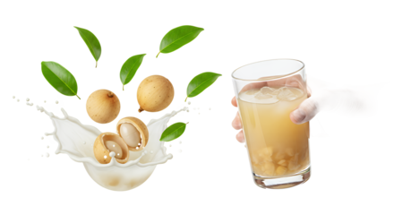 Refreshing longan juice splash with fresh fruits and a hand holding a glass of beverage