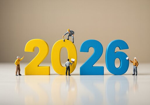 Miniature figures painting the year 2026, representing upcoming future, symbolizing construction and anticipation for new year - Powered by Adobe