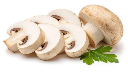 Cleanly sliced button mushroom with smooth edges on white background, ideal for nutrition guides and ingredient illustrations.

