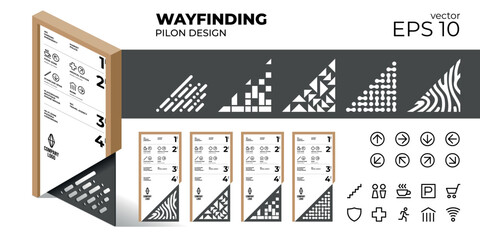 Modern Wayfinding Pilon Directory Design Vector Set. Editable templates for indoor navigation signage, featuring floor information, public icons (WC, parking, food), arrows, and abstract patterns.