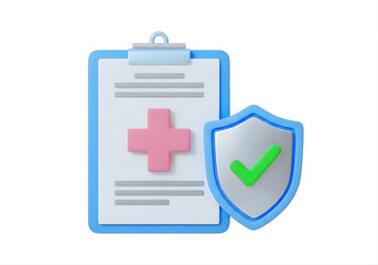 Medical insurance icon logo design. Health insurance sign and symbol. Medical clipboard with cross and protection shield with green tick mark. 3d icon illustration isolated on transparent background