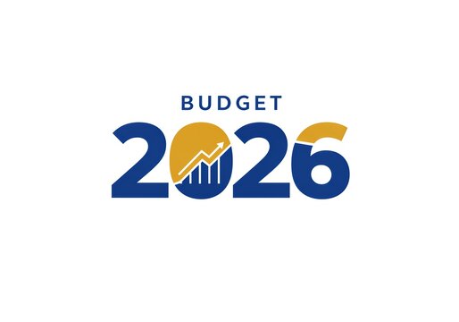 Budget 2026 vector design, financial planning and forecasting concept with a rising graph incorporated into the numerical representation.