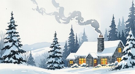 Fototapeta premium Watercolor painting of a snow covered cottage with smoke rising from the chimney in a winter landscape