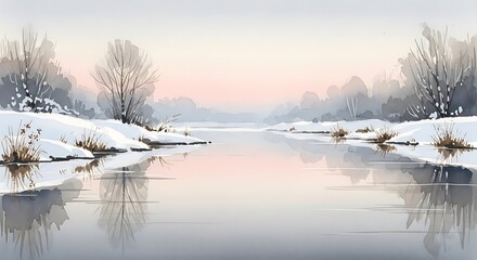 A watercolor painting of a winter landscape with a river and snow covered trees on the banks and sky above