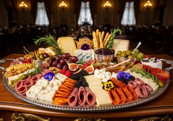 Elegant charcuterie board with cheese meats fruits and crackers on a silver platter in a dining room