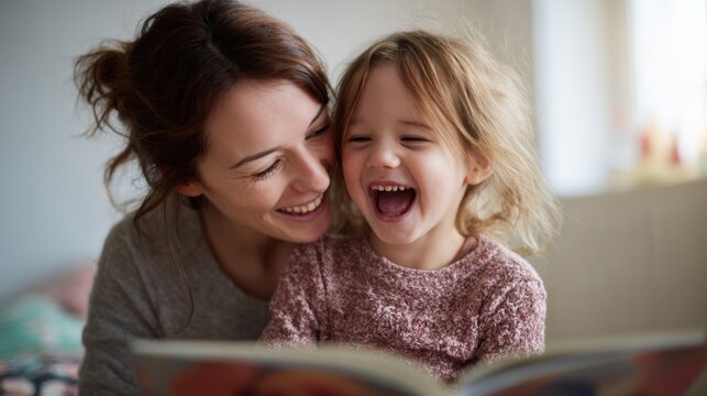 A mother and her young daughter enjoy a delightful reading session together. Both are smiling and laughing as they engage with the story. The warm, cozy atmosphere enhances their bond.