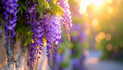 Purple wisteria flowers cascade down a stone wall, illuminated by warm sunlight, creating a beautiful bokeh effect in the background.