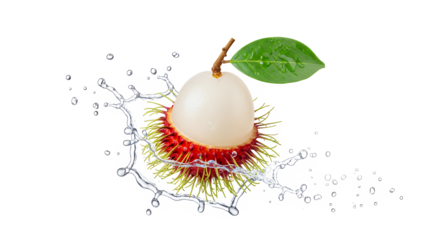 Refreshing tropical rambutan fruit with a dynamic water splash, highlighting its succulent white flesh and vibrant red exterior against a clean white background