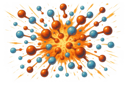 Chemical reaction explosion conceptualizing atomic energy, molecular structure, science research, and particle physics