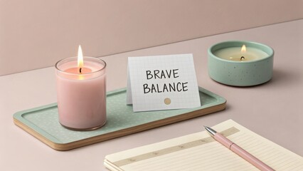 Calm workspace setup with candle, note card, and notebook promoting mindfulness and balance for personal motivation and inspiration