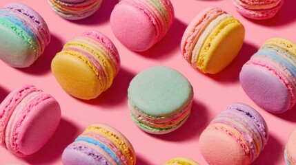 Obraz premium Delightful macarons in shades of pink, yellow, green, and purple are creatively arranged on a vibrant pink backdrop. Each macaron displays unique textures and harmonious colors.