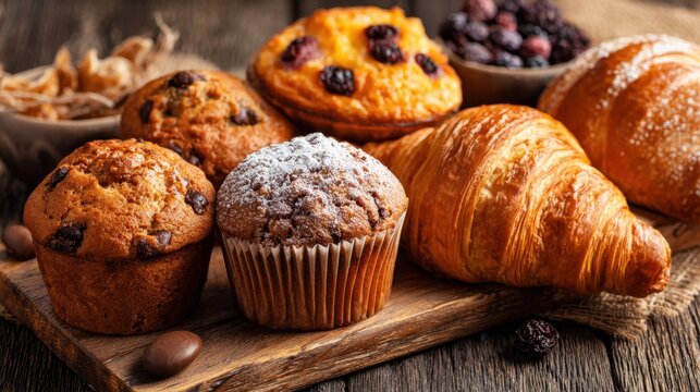 A variety of freshly baked pastries and muffins are artfully arranged on a wooden board, showcasing golden croissants, chocolate chip muffins, and berry muffins in a warm bakery. - Powered by Adobe