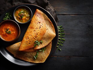 Delicious dosa served with sambar and chutney on a black plate, showcasing the vibrant colors and textures of south indian cuisine on a dark wooden table