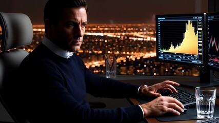 Focused businessman engaged in stock trading, analyzing financial market data and charts on dual computer monitors in a modern office at night. - Powered by Adobe