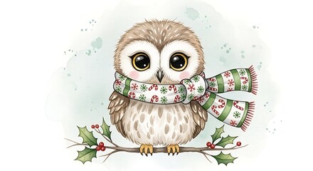 An illustration of a cute owl wearing a christmas scarf sitting on a holly branch with berries