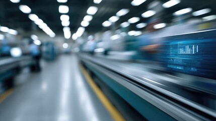Blurry Industrial Factory with Digital Interface Screen Displaying Data Visualization