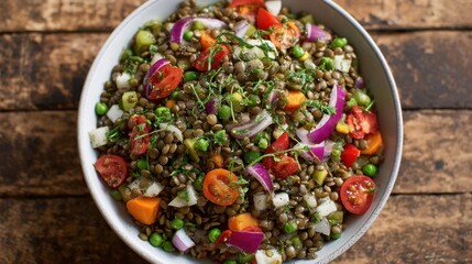Fresh lentil salad with chopped tomatoes, carrots, green peas, and onions is beautifully presented in a large bowl. The vibrant colors and textures invite enjoyment and satisfaction.