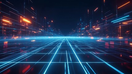 A futuristic digital grid with glowing lines stretching infinitely