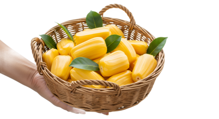 Hand holding a basket of ripe jackfruit segments with green leaves
