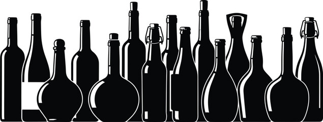 Collection of various glass bottles including wine, beer and spirits, isolated black silhouettes vector illustration for bar menu, liquor store design.