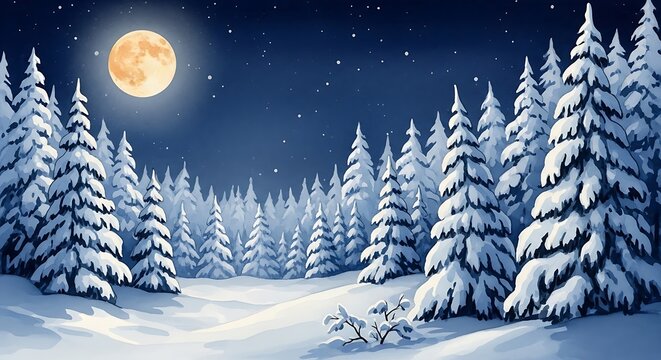 A snowy forest landscape with tall trees under a bright moon and a dark blue starry night sky view scene