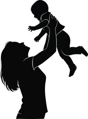 Mother Lifting Child in the Air Black & White Silhouette Vector