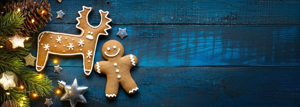 Christmas Gingerbread Cookies with Festive Lights on Blue Wooden Holiday Banner Background