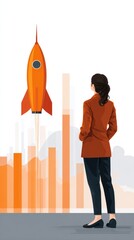 Businesswoman Observing Rocket Launch: Growth and Innovation Concept in Modern Business