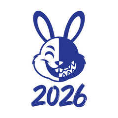 Rabbit Zodiac 2026, blue rabbit face, stylized zodiac artwork, 2026 Rabbit Year Logo, bold rabbit mascot, Lunar New Year symbol