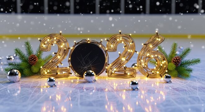 A festive hockey scene featuring the year 2026 in illuminated numbers, a black hockey puck, and Christmas decorations on an ice rink with falling snow.