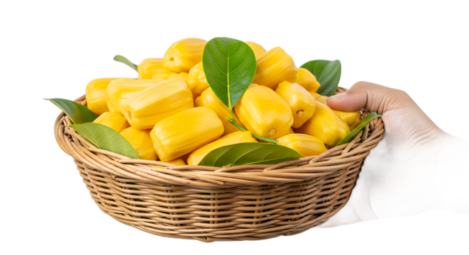 A hand holding a woven basket filled with ripe, yellow jackfruit, garnished with green leaves, showcasing the tropical fruit's abundance