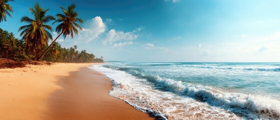 Tranquil Tropical Beach with Palm Trees and Clear Blue Skies: A Perfect Summer Escape